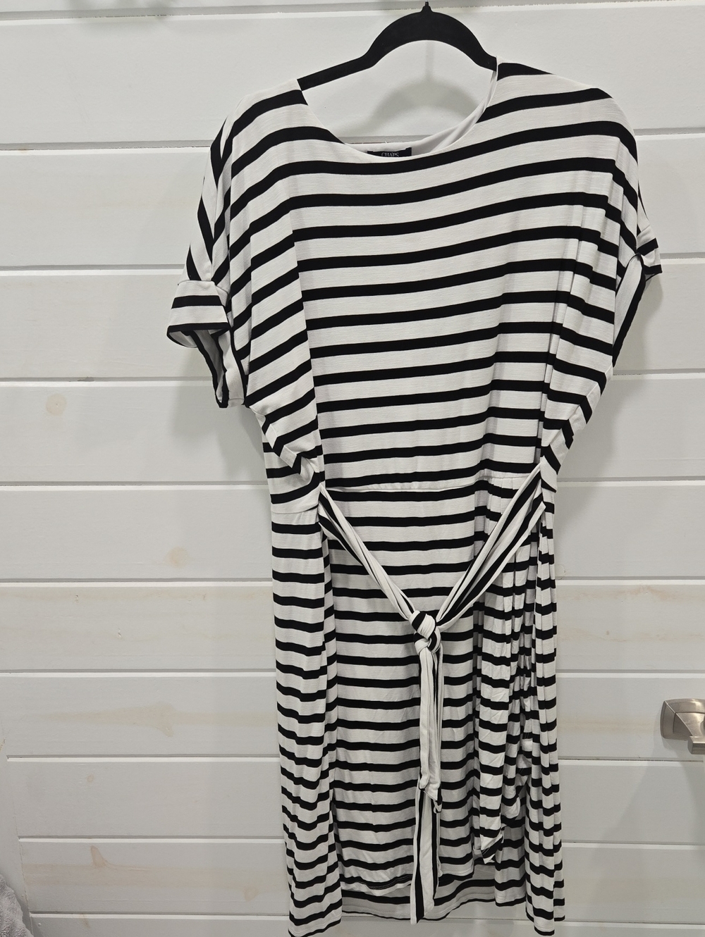Chaps Black and White Striped Midi Dress with Tie Waist
